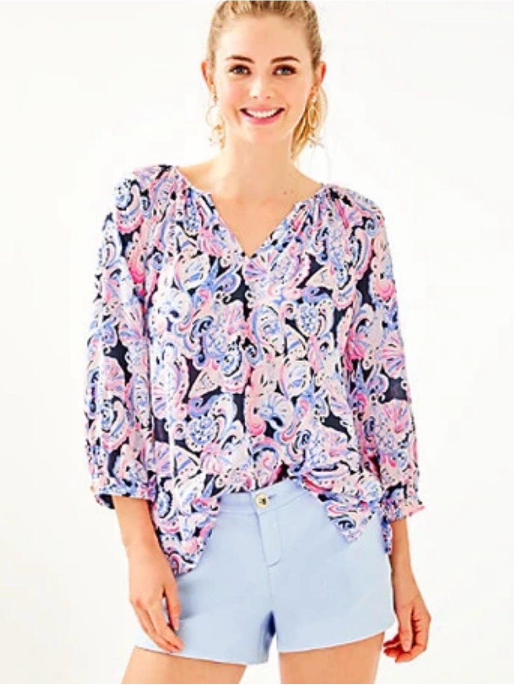 Lilly Pulitzer Willa 3/4 Sleeve Top Large  "High Tide Navy It's For Shore"